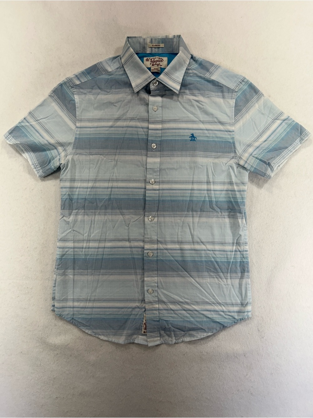 Original Penguin Short Sleeve Button-Down Shirt - Light Blue & White Stripe